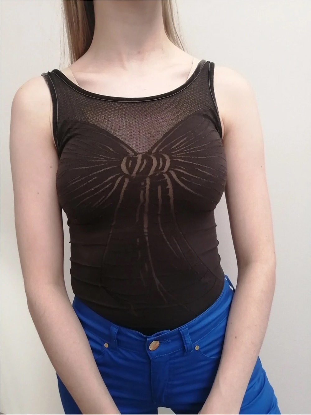 Wolford bodysuit bow Xs  Sleeveless Brown Mesh Accent Tank Top - Women
